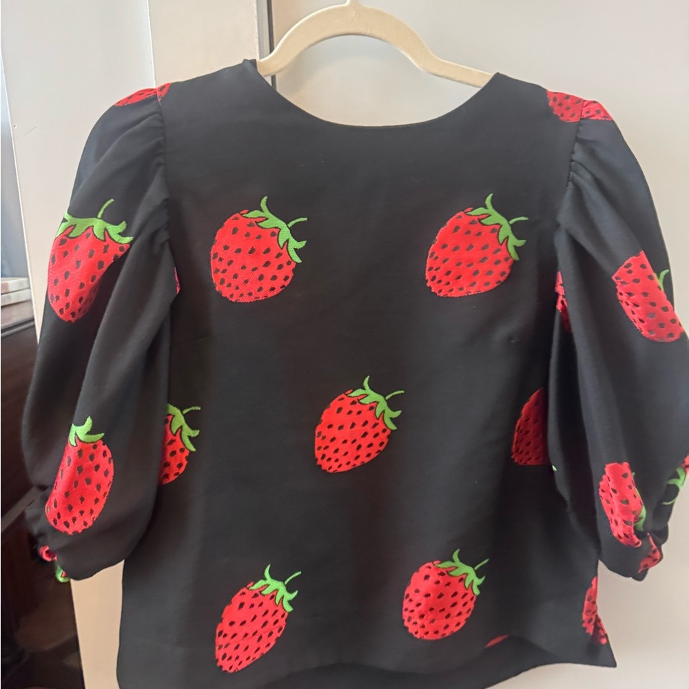 Maeve Black Strawberry Print Puff Sleeve Blouse